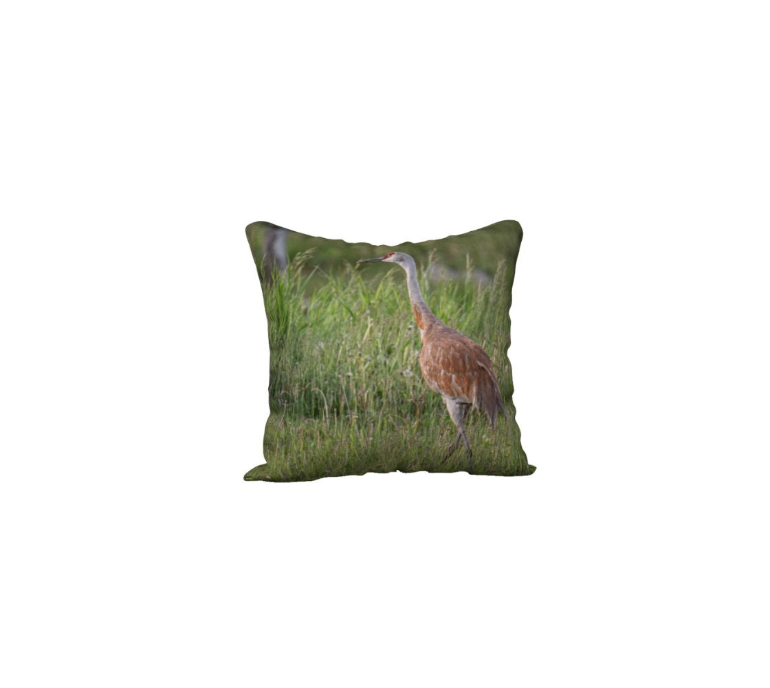 This is an image of a 18" square cushion cover of a Sandhill Crane. The crane's body is a reddish brown, with long grey legs and neck with a red crown. The background is tall green grass.