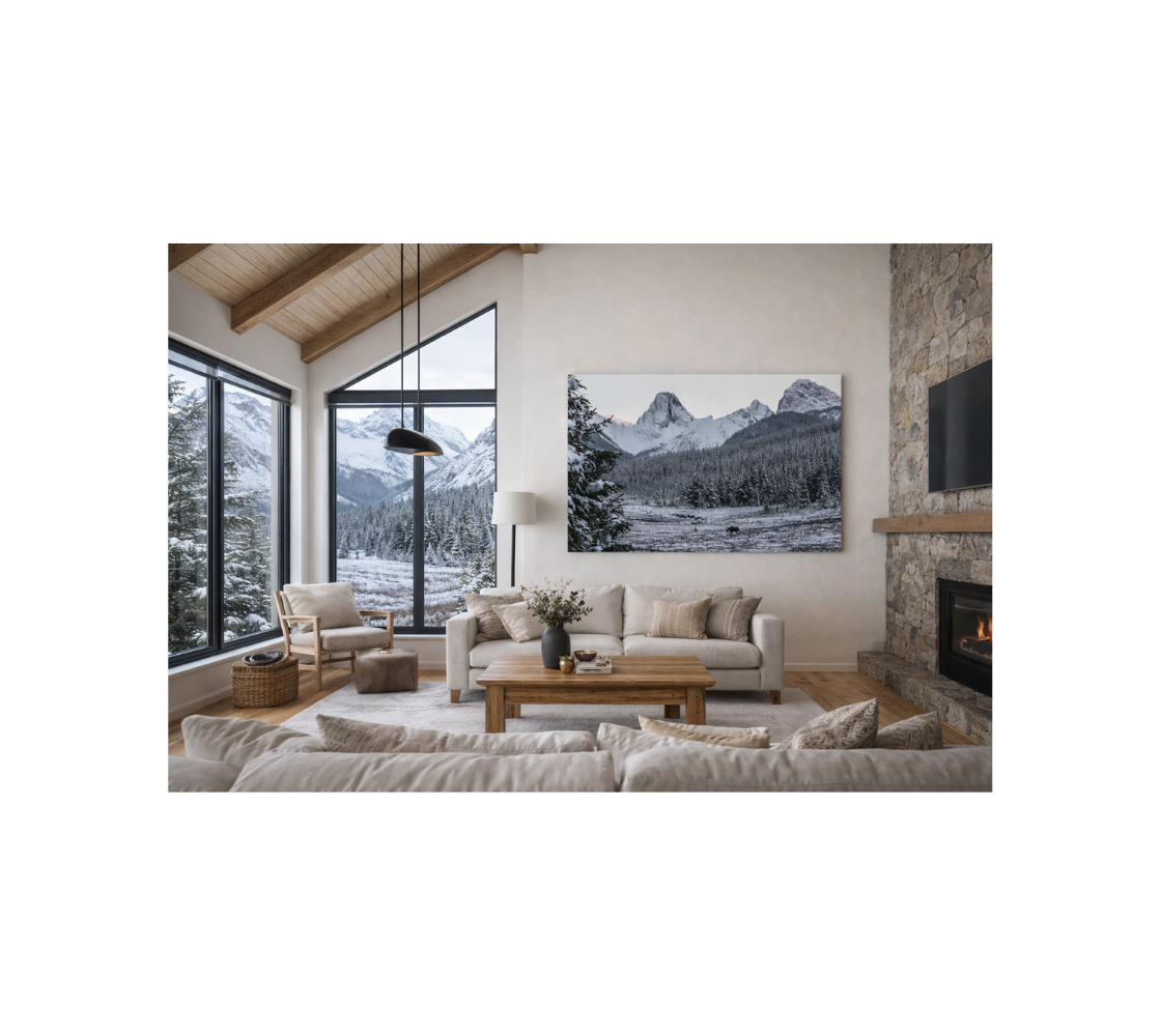 Family room with a canvas print of mountain scene in the winter.