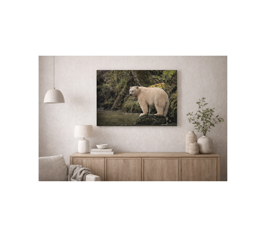 Living room with a spirit bear canvas print on the wall above a wooden cabinet.