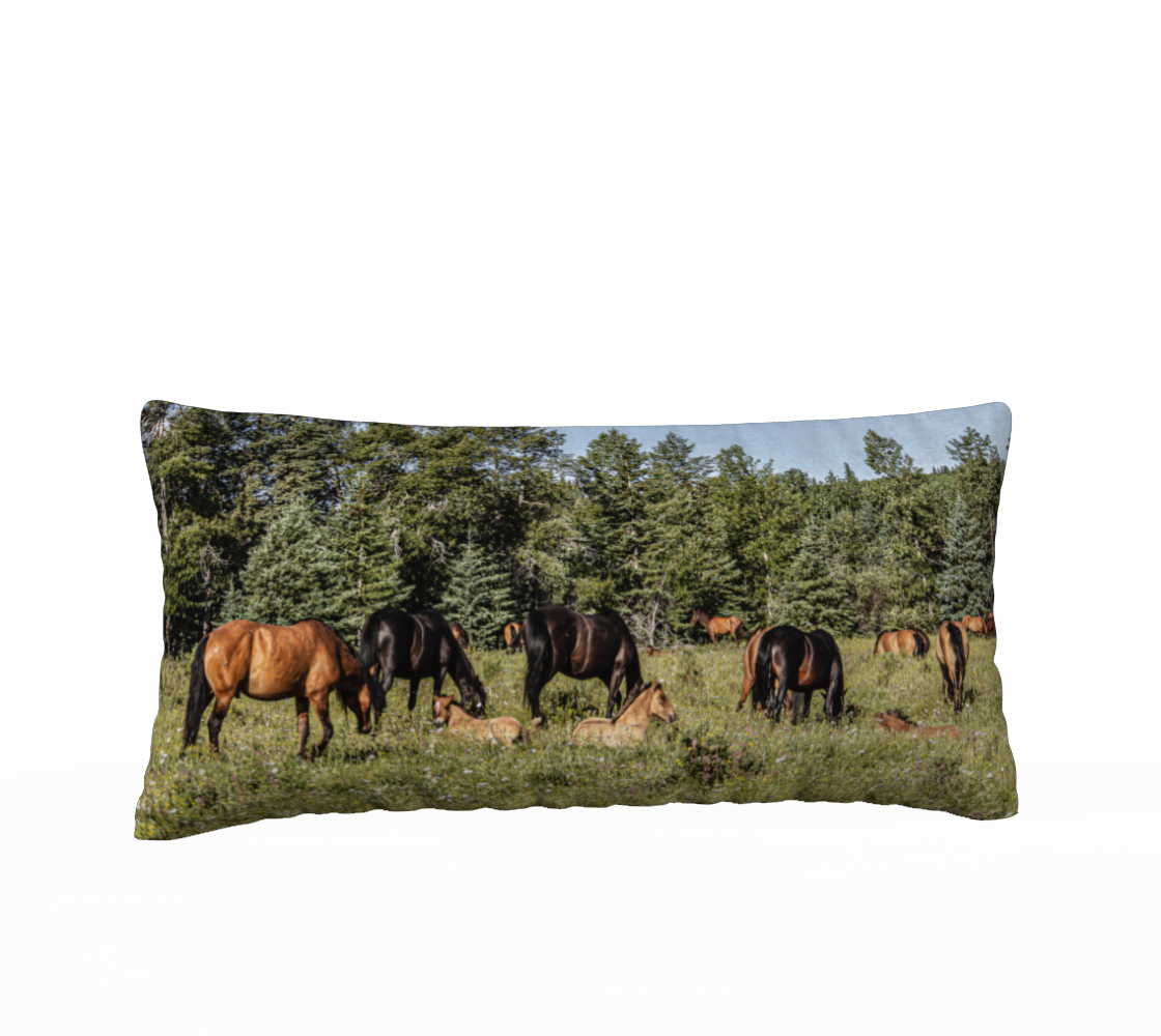 This 12 x 24 inch plush velveteen cushion cover features a herd of wild horses in a meadow. The image is of a blue sky, green trees and grass with wild foals lying among the wildflowers and many wild horses grazing in the field.