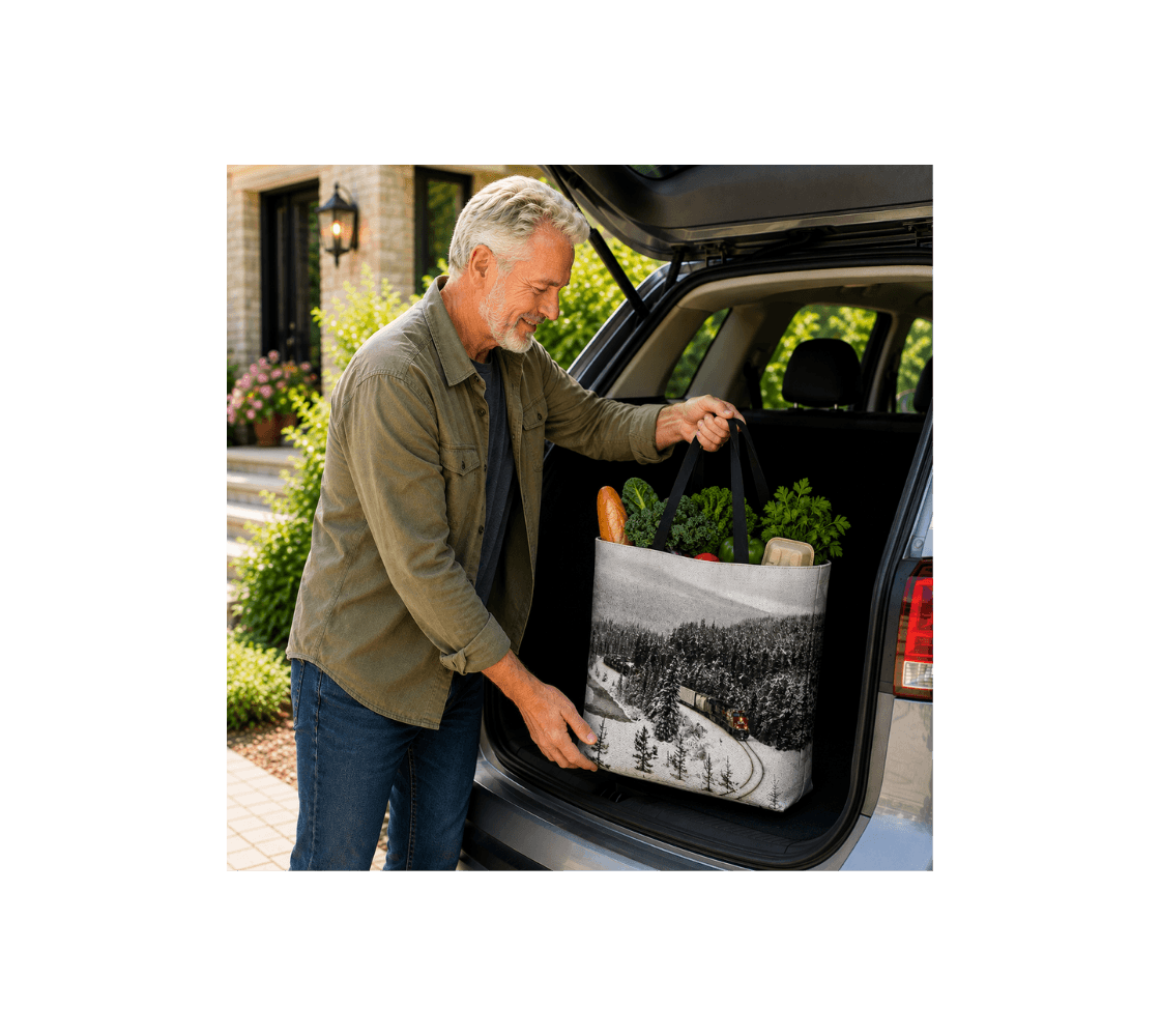 A man holding a large tote bag with a train at Morant's Curve design from our real nature photography with groceries inside it.