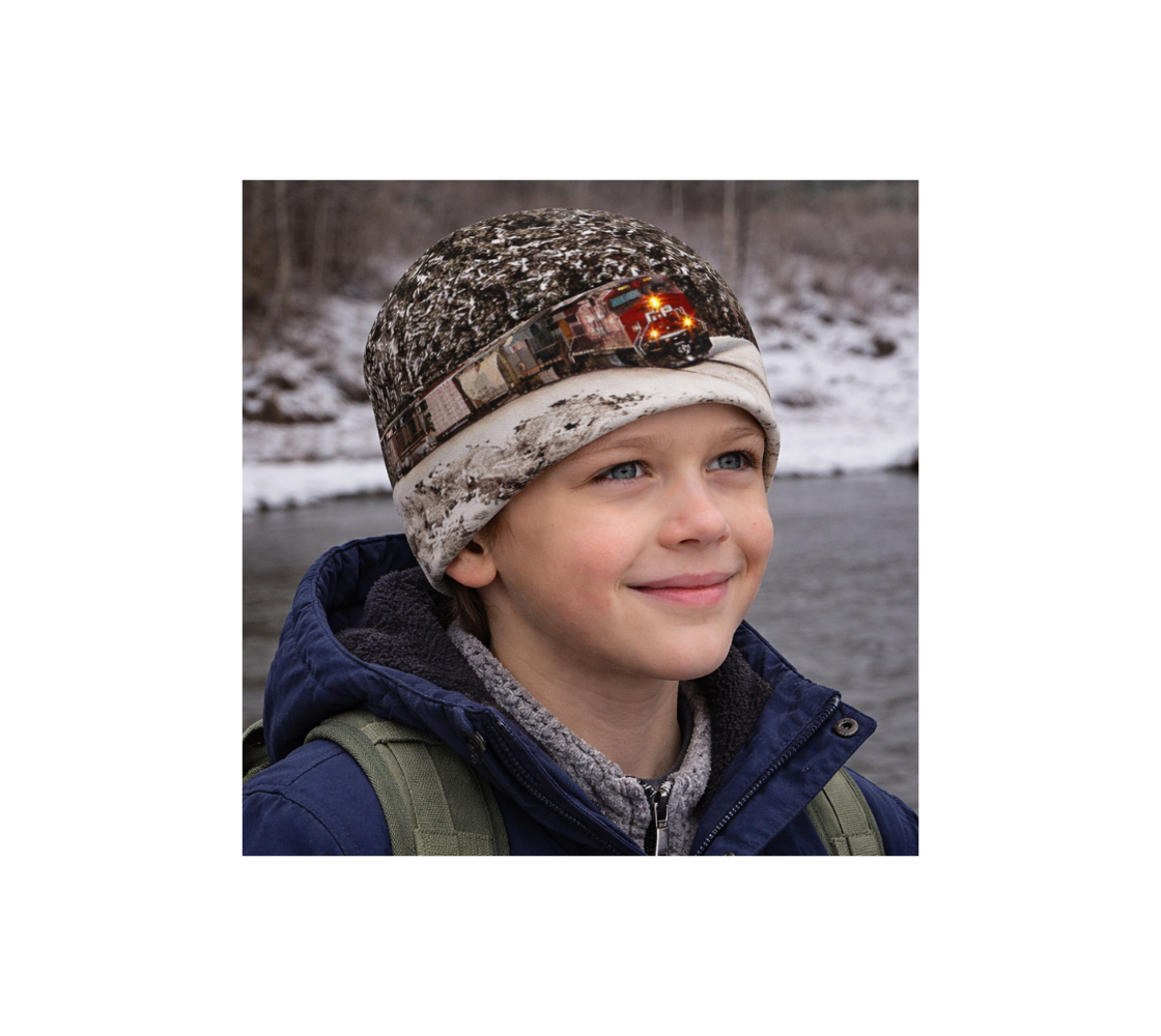 A young boy standing by river wearing a  bamboo-lined beanie with an image of a train design with a gray and white background.