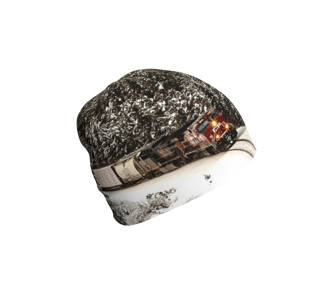 A bamboo-lined beanie with an mountain train design with a gray and white background.