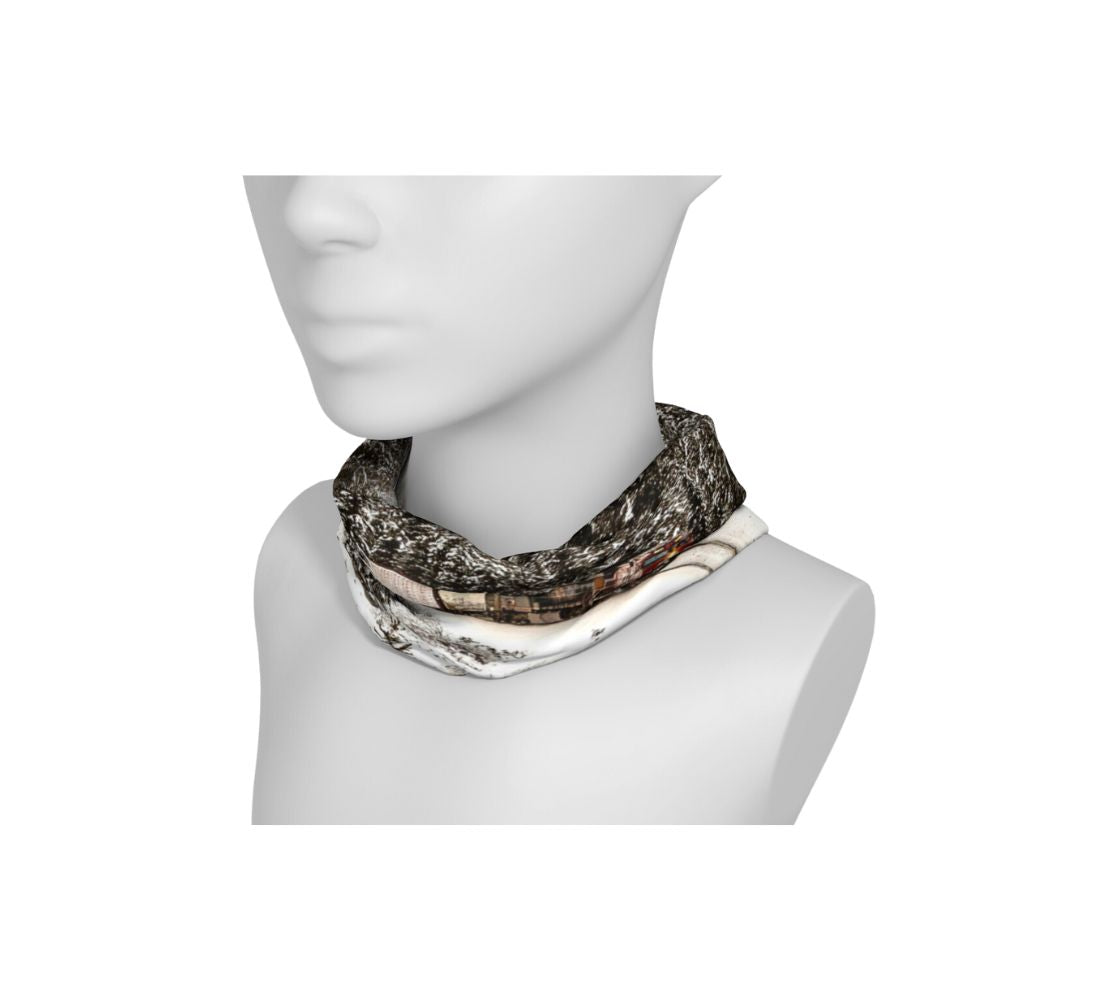 A Morant's Curve train head and neck buff from our real nature photography wrapped around a mannequin's neck.