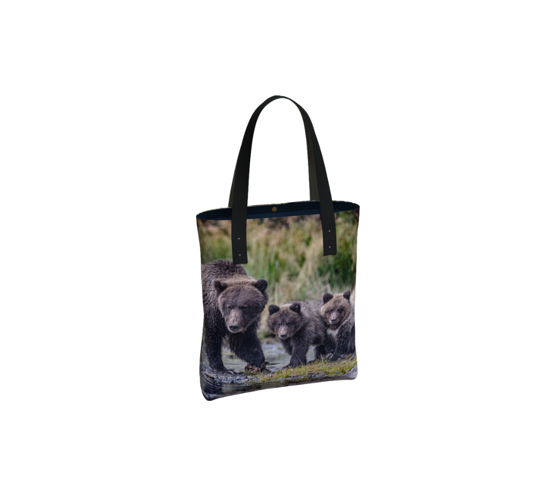 "Watching You" Grizzly Bear & Cubs Canvas Tote Bag