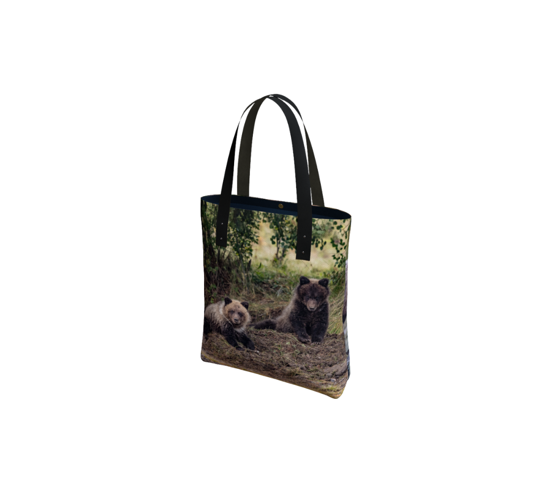 "Watching You" Grizzly Bear & Cubs Canvas Tote Bag