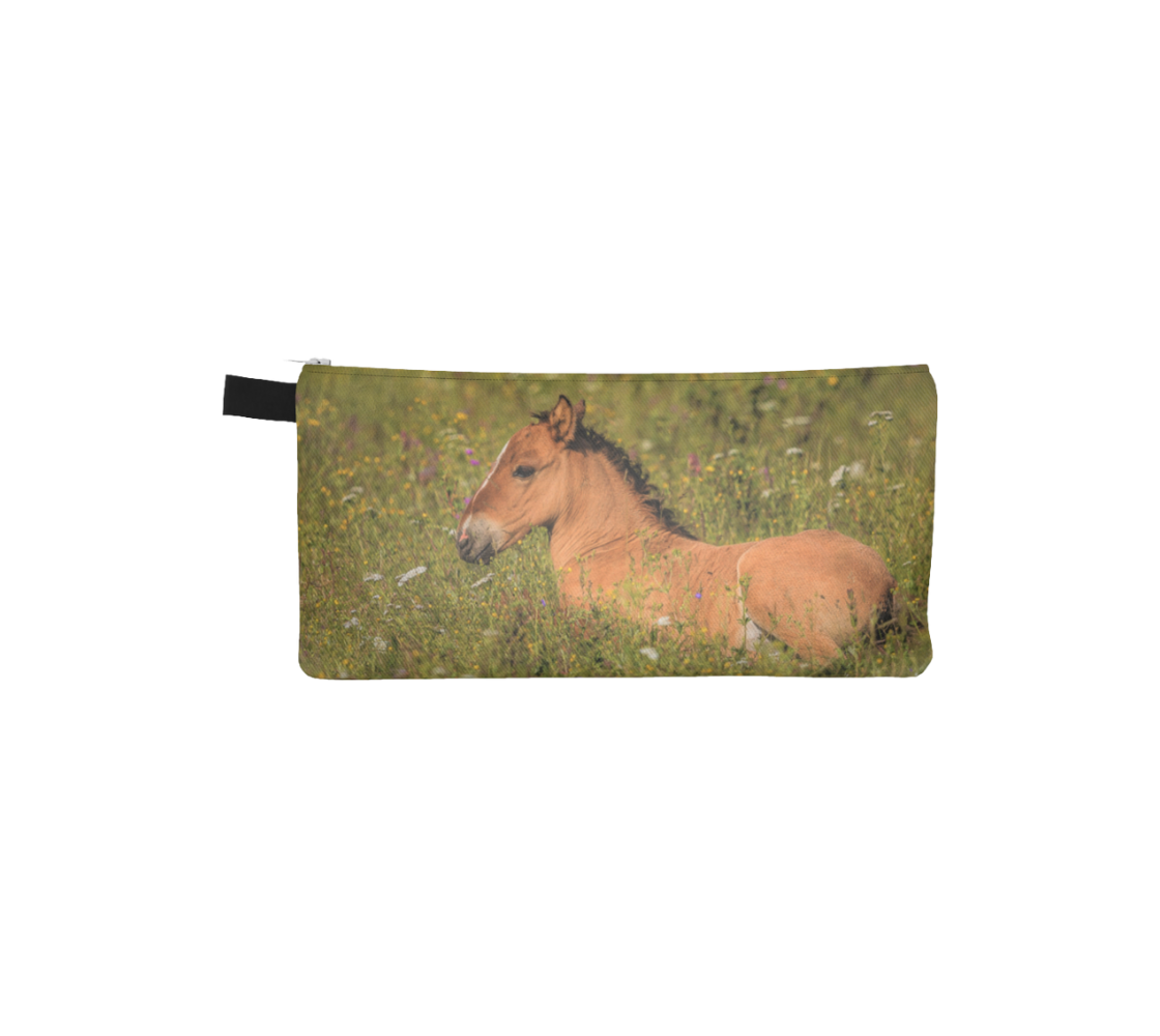 This image features a photograph of a wild foal lying in the wildflowers in the summer. Color tones include greens, browns, and black.