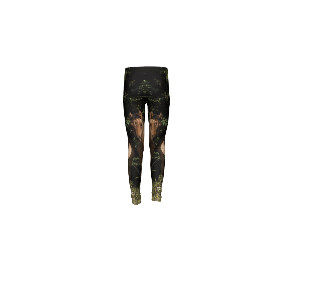 This is a rear profile of youth leggings featuring a photo of wild horses colts with a green background.