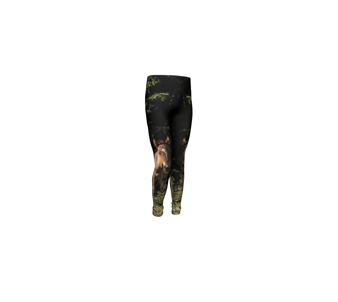 A front profile of kids leggings featuring a photo of wild foals standing in the green grass under the spruce trees. Image is of a little brown foal with a white blaze.