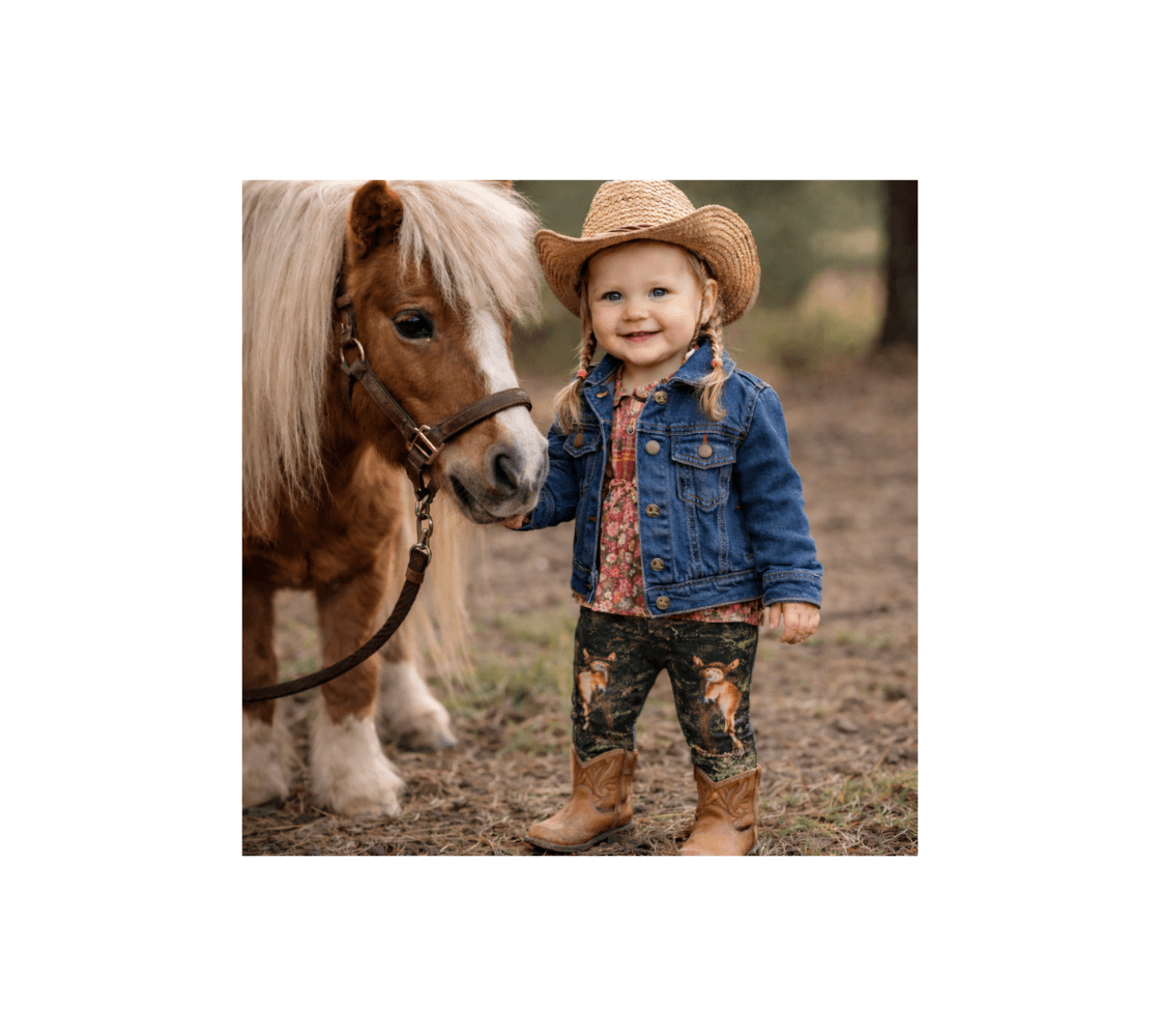 A young girl wearing a pair of wild horses colts baby leggings from our wildlife photography standing next to a pony.