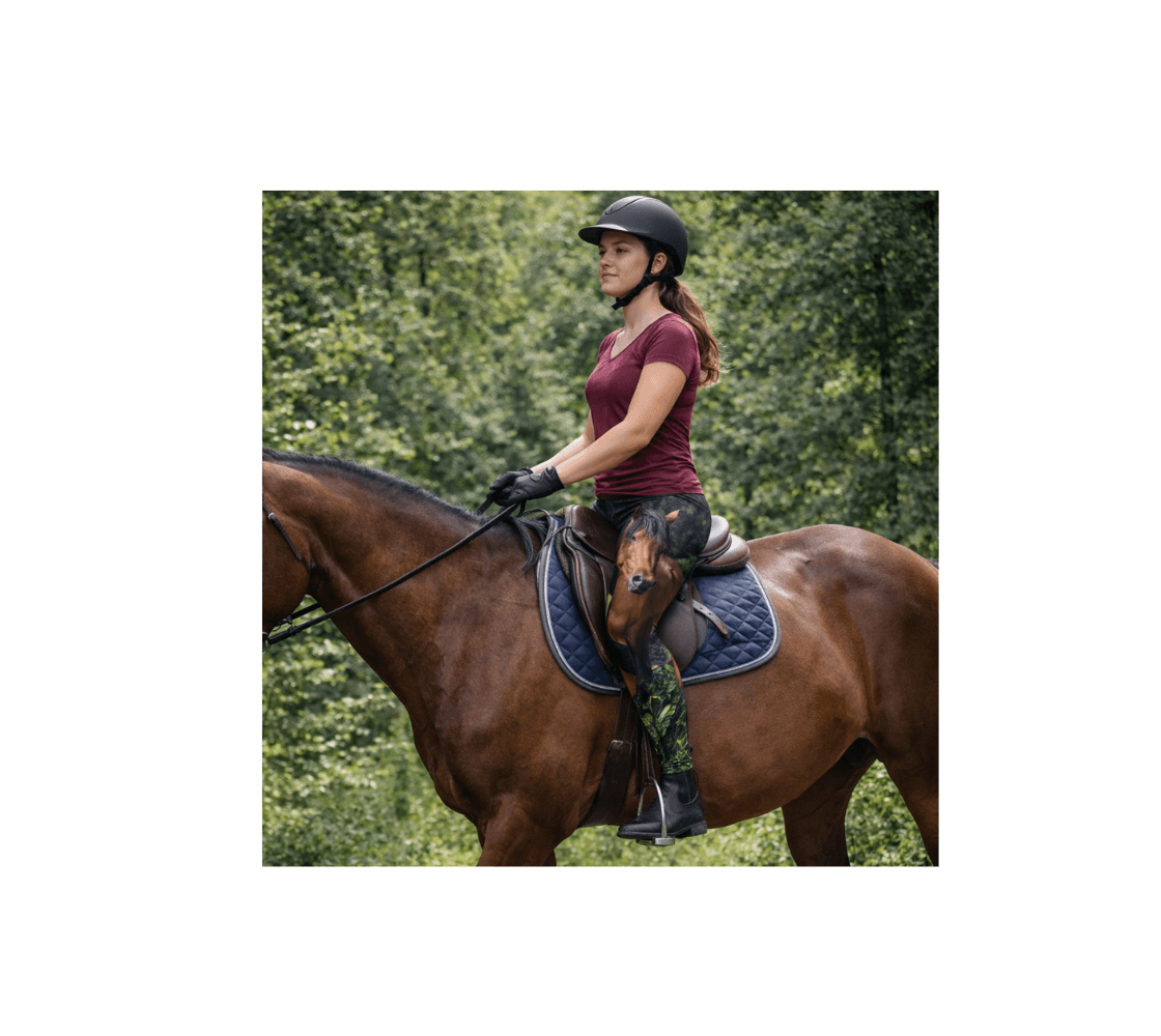 Young woman riding a hoses wearing a pair of wild horse classic leggings from our wildlife photography in the forest.