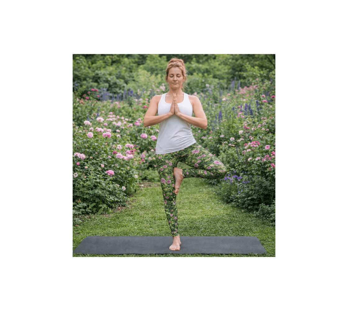 A woman doing yoga wearing a pair of wild rose classic leggings from our real nature photography in a garden. 