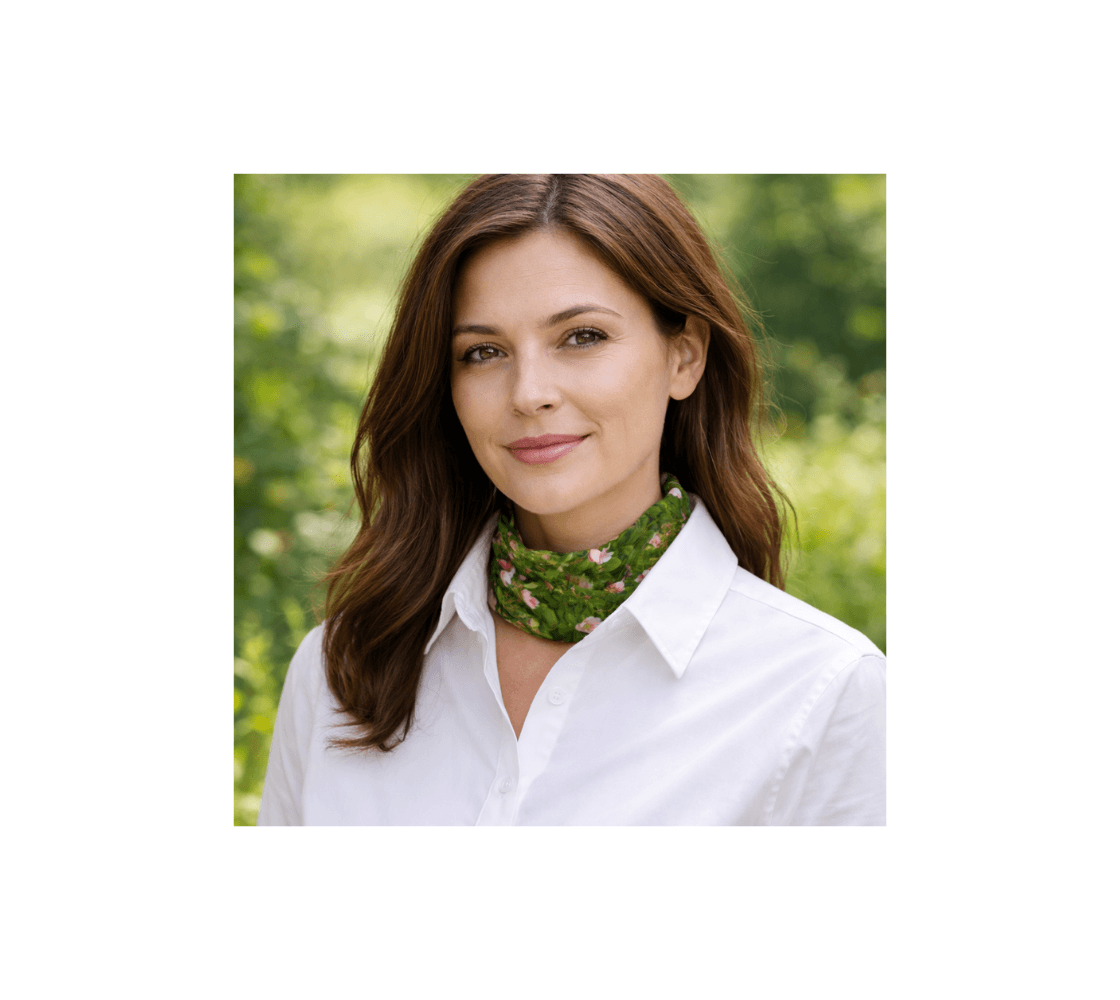 A woman wearing a wild roses head and neck buff from a from our real nature photography wrapped around her neck.