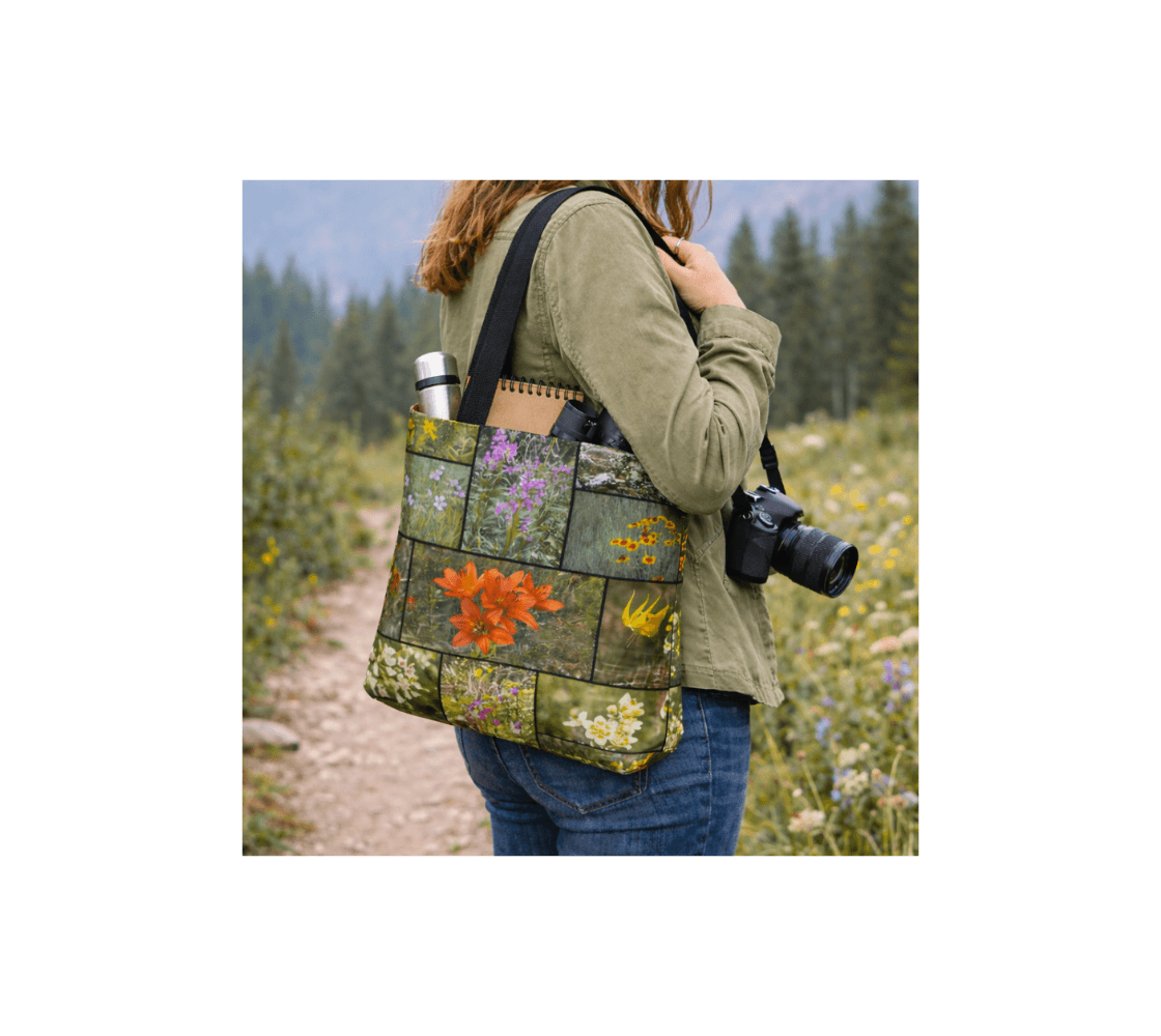 A woman standing carrying a wildflower medium reusable tote bag from our real Canadian nature photography with a thermos and note book inside it on a forest path.