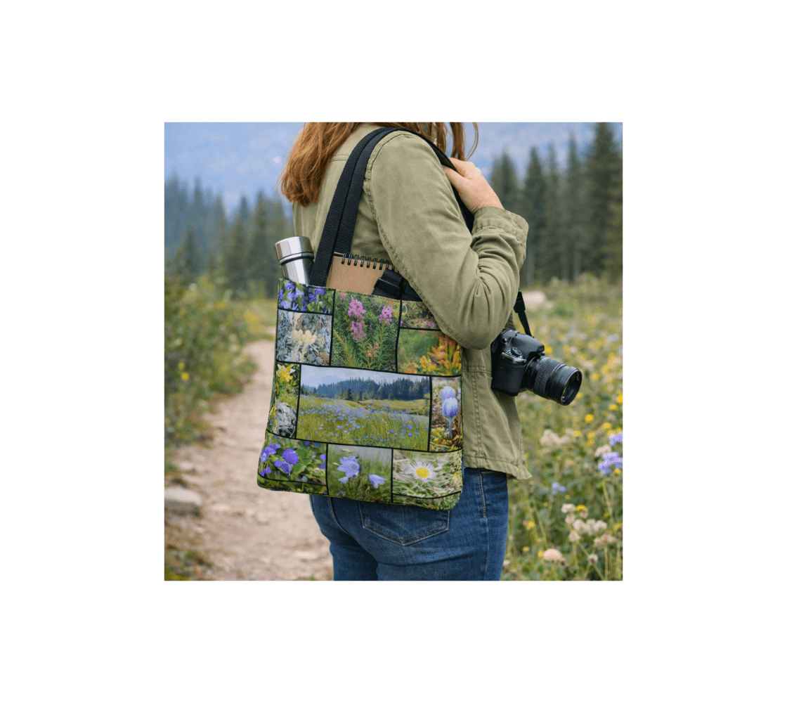 A woman carrying a wildflower medium reusable tote bag from our real Canadian nature photography with a thermos and note pad inside it on a forest pathway.