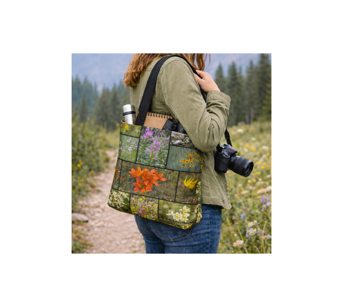 A woman standing carrying a wildflower small reusable tote bag from our Canadian nature photography with a themes and note book inside it on a forest path.