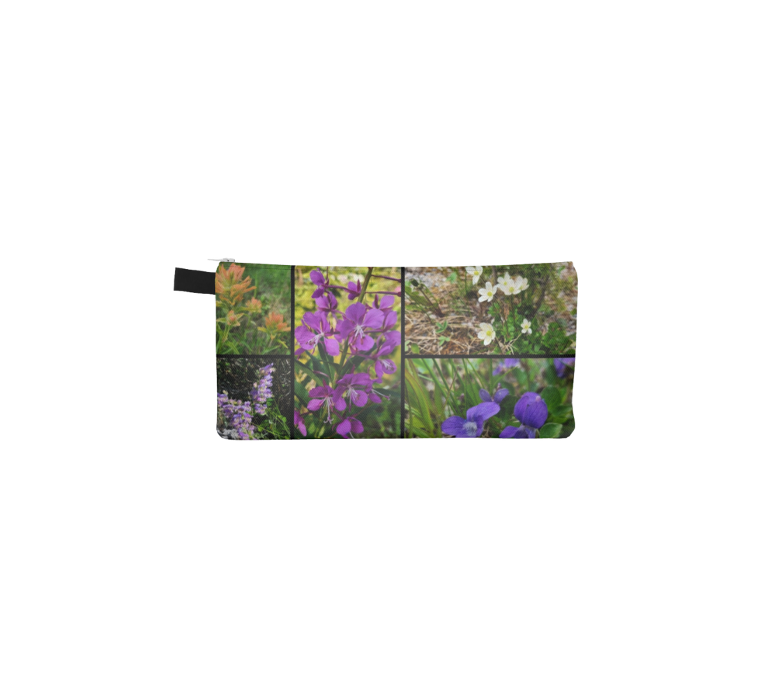 A zippered pouch with a collage of our photographs of wildflowers design.