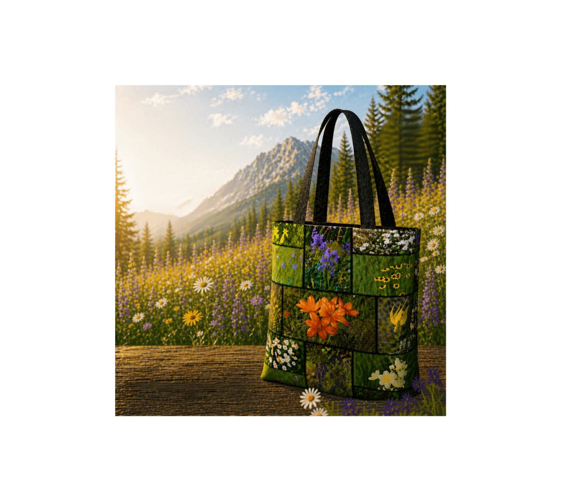 A wildflowers medium reusable tote bag from our real nature photography on a bench with mountains and flowers in the background.