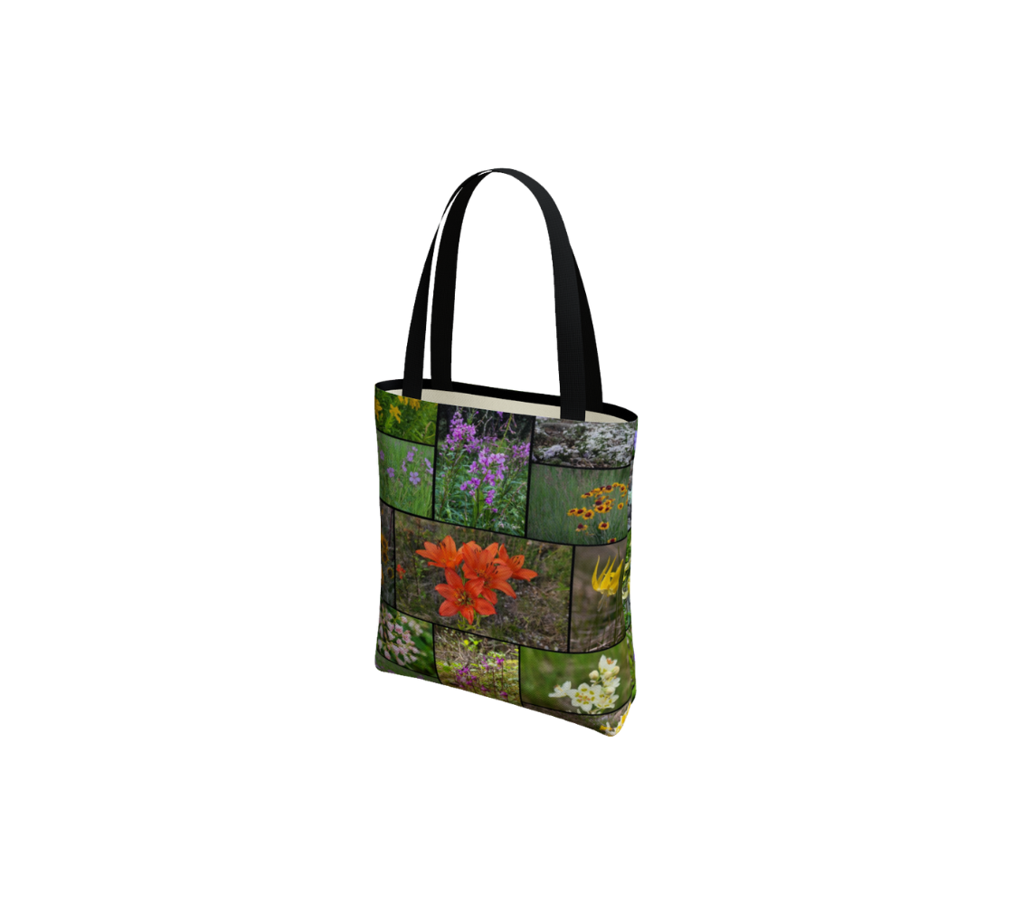 A small reusable tote bag with a collage of our photographs of wildflowers design.