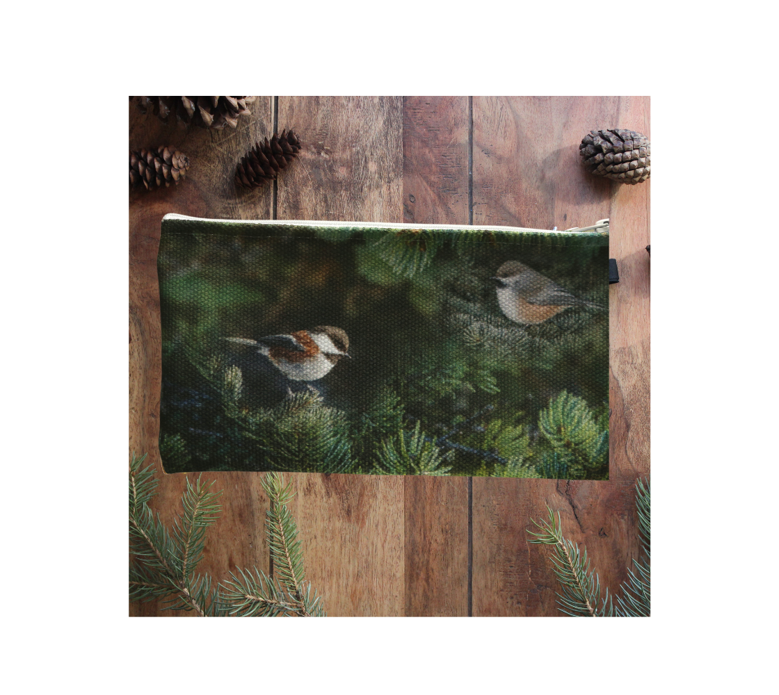 Durable double sided 9” x 4” canvas zippered pouch featuring real images of four different chickadees of western Canada. The background is various tones of green spruce tree boughs.