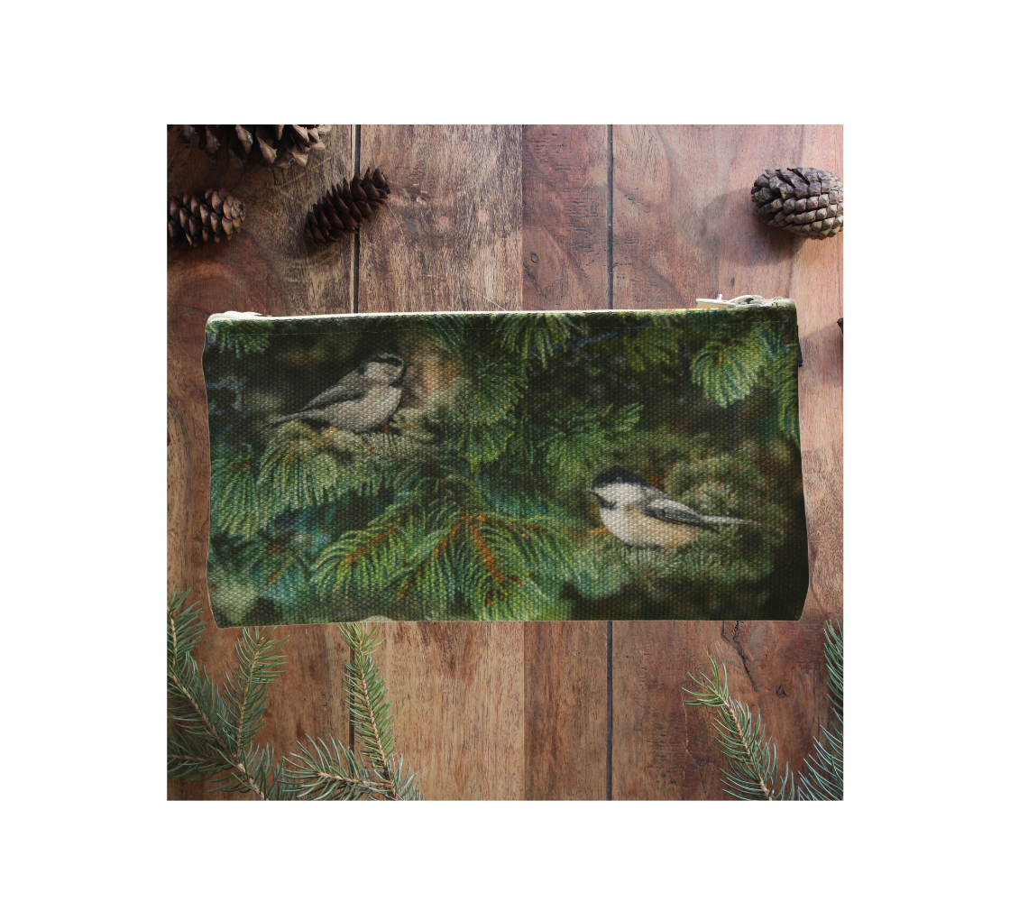 Durable double sided 9” x 4” canvas zippered pouch featuring real images of four different chickadees of western Canada.