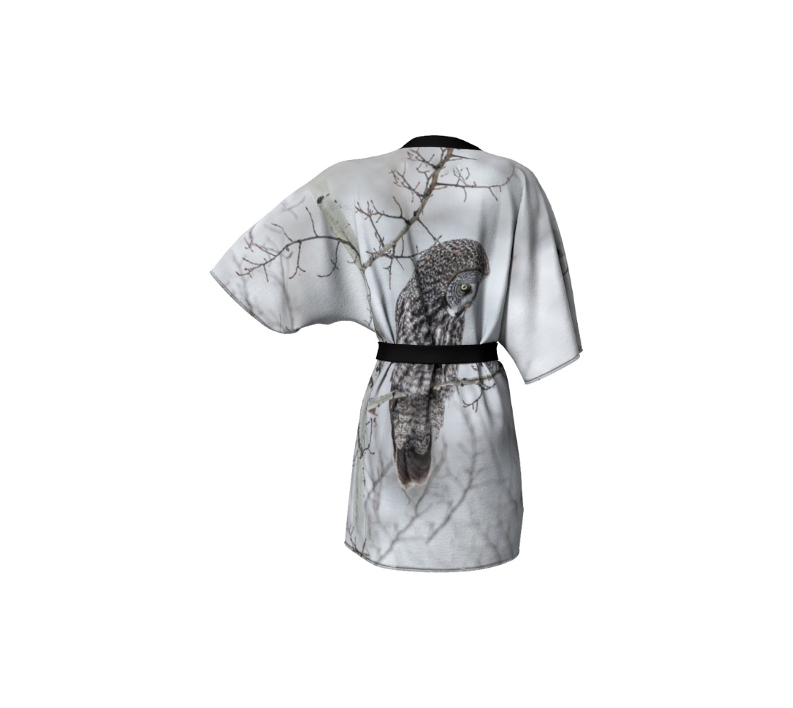 Elegant semi-sheer lightweight poly chiffon kimono robe featuring a real image of a great grey owl in fog.