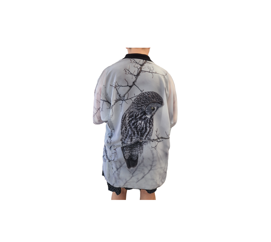 Elegant semi-sheer lightweight poly chiffon kimono robe featuring a real image of a great grey owl in fog.