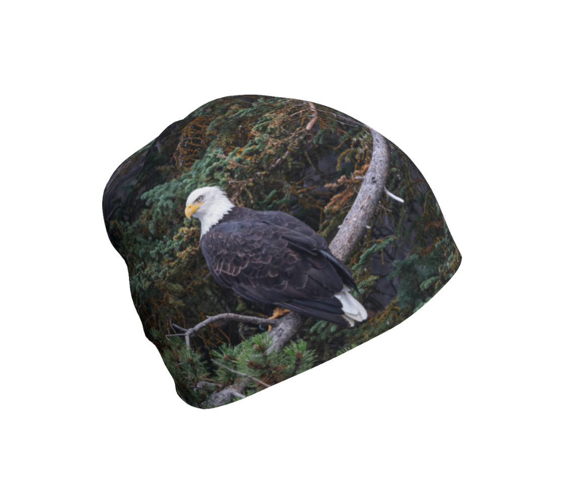 This is a photograph of a bald eagle on a beanie. The background is of trees and branches in various tones of green, gold, and grey. The bald eagle is perched on a fallen grey tree trunk with his back to us and its head is turned slightly, as he is looking towards you. 