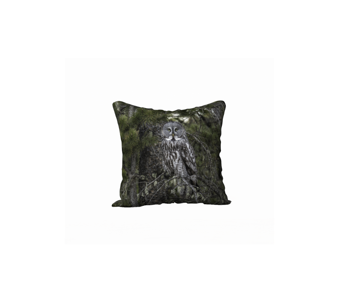 A Canadian-made soft plush velveteen cushion cover featuring a real North American wildlife image of a great grey owl. Solid black velveteen on the reverse side with a durable hidden zipper. Measures 18” x 18”.