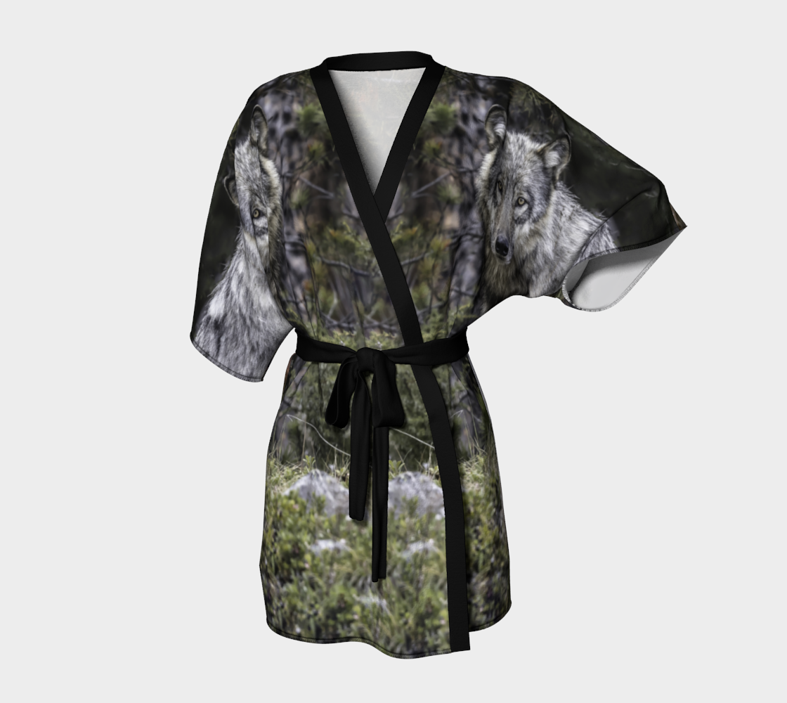 Elegant semi-sheer lightweight poly chiffon kimono robe featuring a real image of a grey wolf.