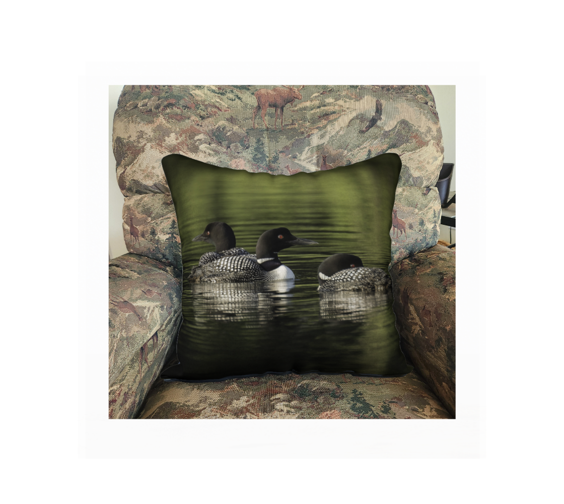 This 18 x 18 inch plush velveteen cushion cover features a photo of three black and white loons with red eyes, at rest on a green colored lake. The cushion cover background is various blurred green tones due to the reflection of the evergreens around the lake. This image is of a cushion cover on a pillow form in a chair. 