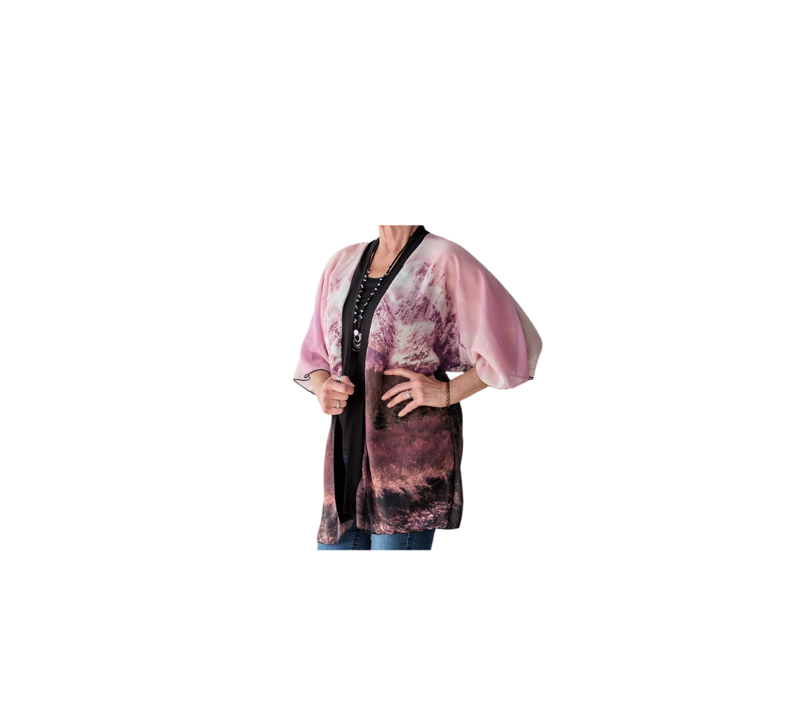 Elegant semi-sheer lightweight poly chiffon kimono robe featuring a real image of a beautiful mountain sunset scene.