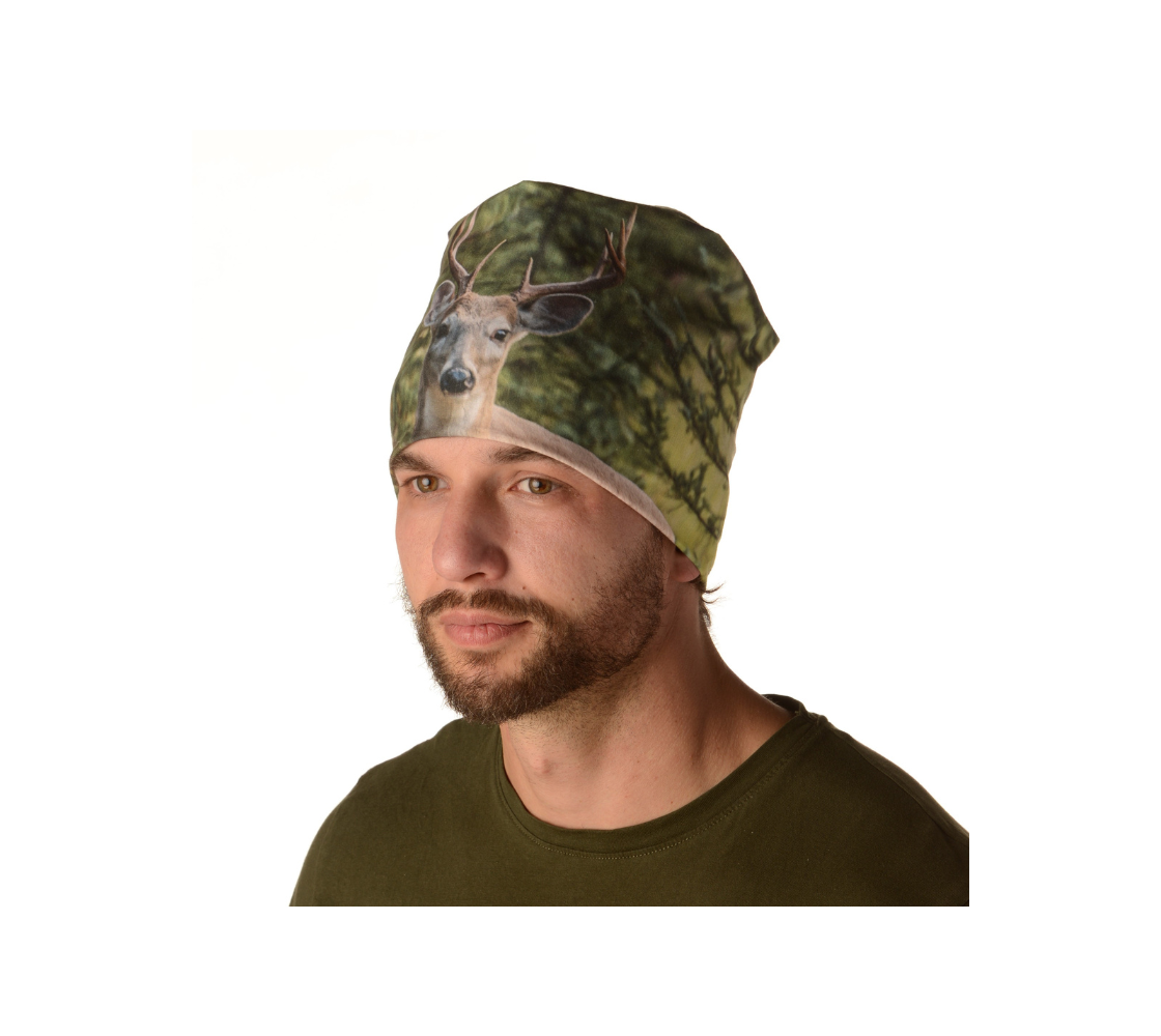 This Canadian-made lightweight beanie features a wildlife photographed image of  a white tail deer. The soft bamboo lining is a moisture wicking fabric so you don’t sweat or itch in them. Comes in youth & adult sizes. 