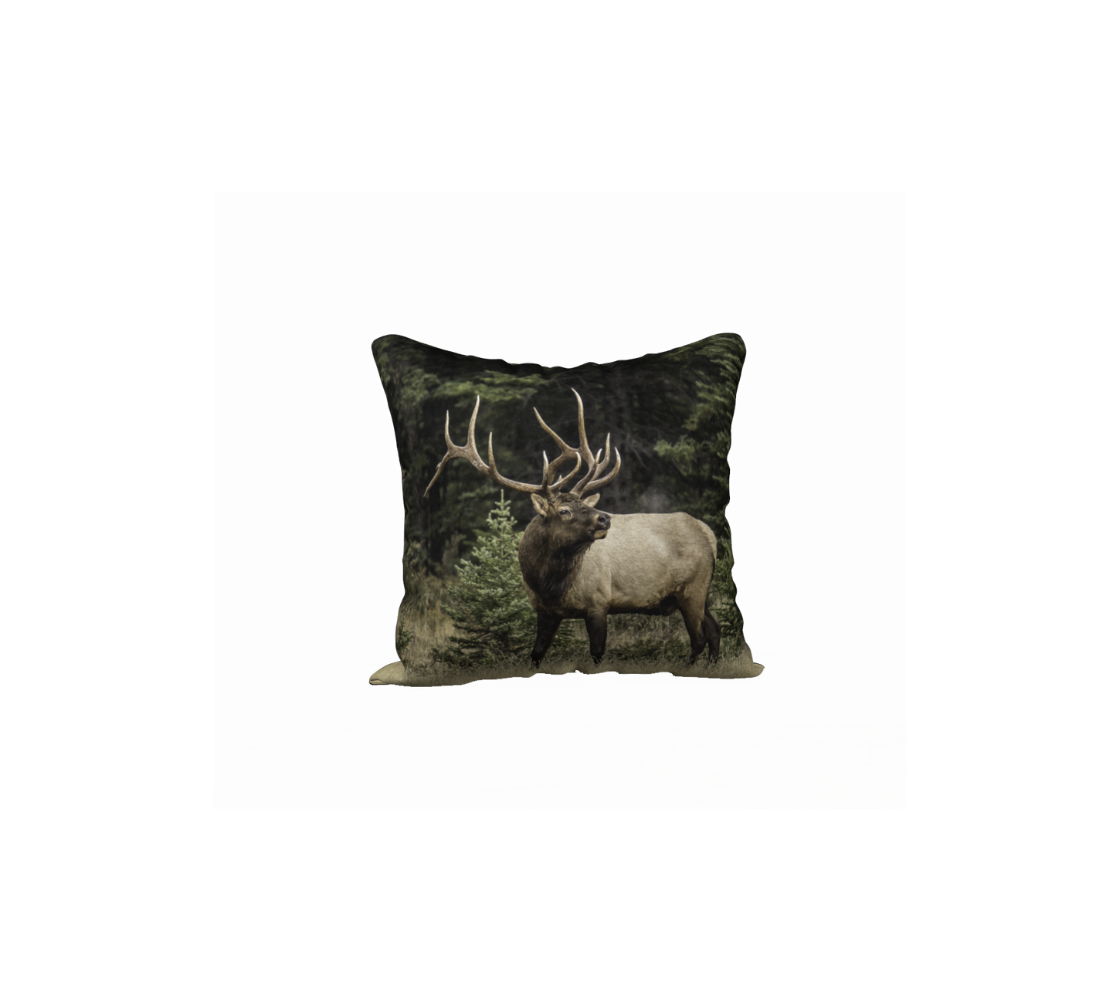 A Canadian-made soft plush velveteen cushion cover featuring a real North American wildlife image of a bull elk. Solid black velveteen on the reverse side with a durable hidden zipper. Measures 18” x 18”.