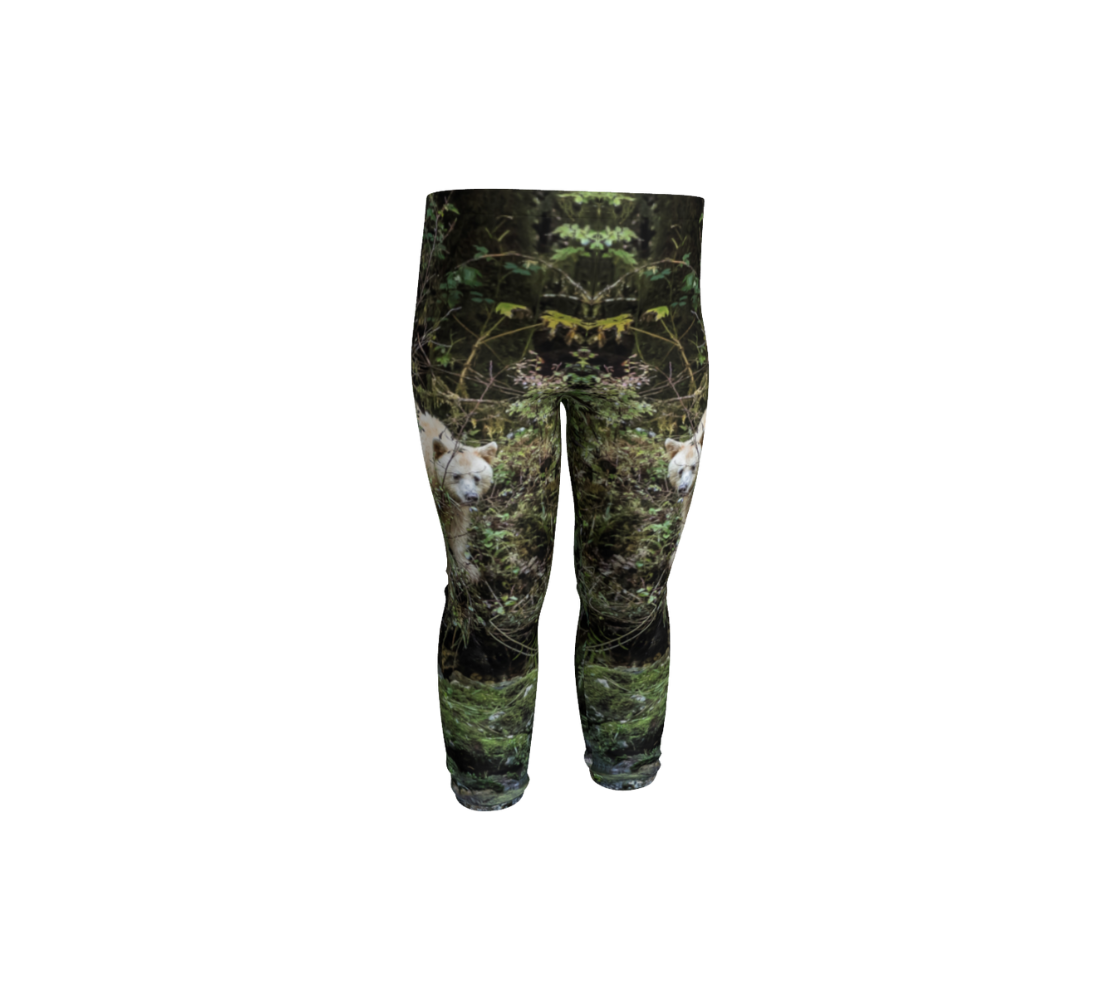 Baby leggings with a pattern featuring an image of a spirit bear.