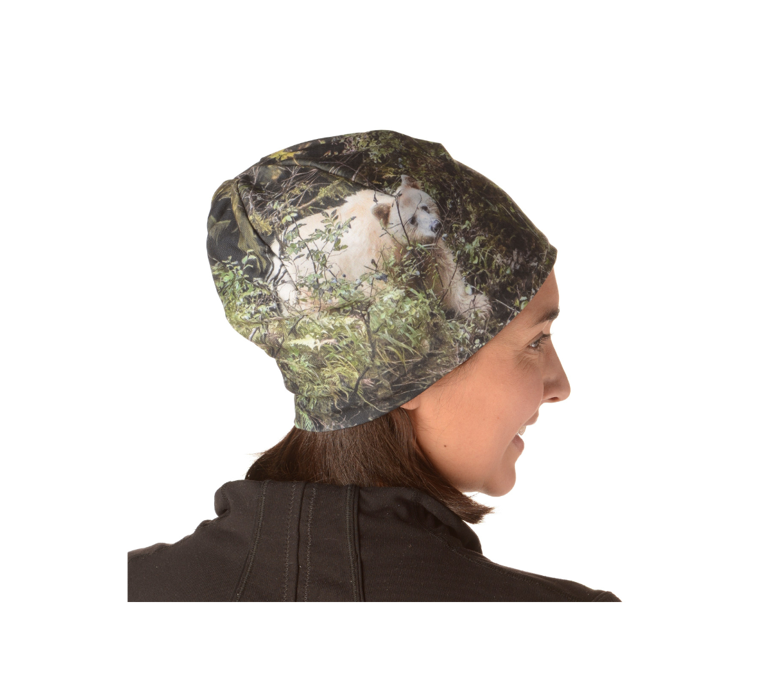 This Canadian-made lightweight beanie features a wildlife photographed images of spirit bears. The soft bamboo lining is a moisture wicking fabric so you don’t sweat or itch in them. Comes in youth & adult sizes. 