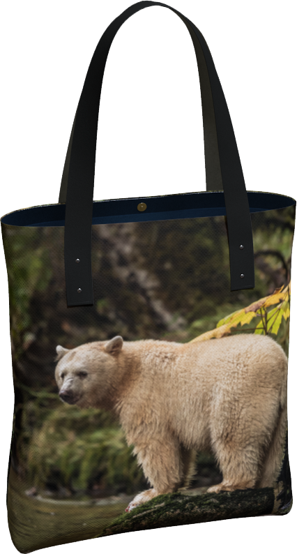 Durable canvas handbag with 1” vegan leather straps and magnetic closure with inside pockets. Features double sided real images of spirit bear. Measures 16” x 13” x 3”.