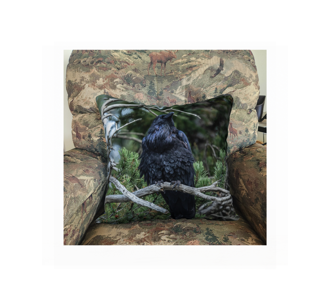 A Canadian-made soft plush velveteen cushion cover featuring a real North American wildlife image of a raven. Solid black velveteen on the reverse side with a durable hidden zipper. Measures 18” x 18”.