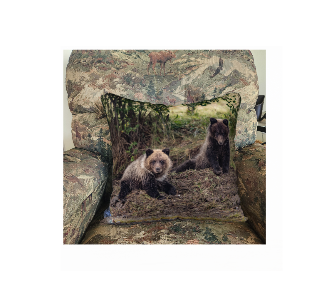 A Canadian-made soft plush velveteen cushion cover featuring real North American wildlife images of grizzly bear cubs. Solid black velveteen on the reverse side with a durable hidden zipper. Measures 18” x 18”.